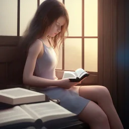 reading a book by the window studying girl, ultra detail, curl hair, realistic photo unreal engine, cinematic lighting --ar 1:1 creative