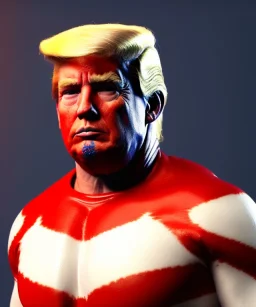 Realistic image of Donald trump wrestler, Mexican wrestling style, blood, red eye line, red and blue breeches, glow us flag dress, suspenders, retro style, 80s, vibrant color, highly detailed, clean background, concept art, unreal engine 5, god rays, ray tracing, RTX, lumen lighting, ultra detail, volumetric lighting, 3d, finely drawn, high definition, high resolution.