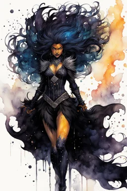 ink wash and watercolor full body concept illustration of an anthropomorphic, fanciful hybrid Black Fox sorceress girl character with wildly flowing hair, ornately dressed with highly detailed feathers and facial features in the comic book style of Bill Sienkiewicz and Jean Giraud Moebius, with a fine art aesthetic, highly detailed , boldly inked, 4k UHD cinegraphic quality