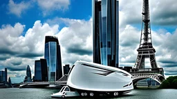 A Tesla semi-truck is parked, near the 'Tower Bridge', in London. CINEMATIC. WIDE ANGLE LENS.