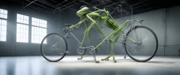 pinhole cam, weird geometry sacred, airbrush 3d rendering, integrated_multimodal_description: [Shot 1] A five-second cinematic single take in a clean industrial presentation hall. A bizarre mechanically plausible bicycle machine stands beside a presentation podium, designed to look like a giant mechanical praying mantis. Two large bicycle wheels form its main body and four thin articulated mechanical legs support it. Two long folded mechanical front arms resemble mantis forelegs.