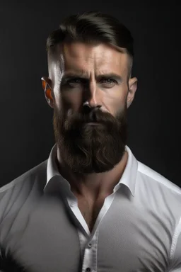 Ultra realistic photograph of muscular male in white button up shirt, dark hair cut short and neatly trimmed beard