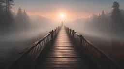 walking straight ahead over a wooden bridge, holding the angel of death with your right hand, entering the fog at the end of the road that leads to the afterlife, a stream from the mountains flows from the right and left, and a beautiful sunset behind the fog, realistic