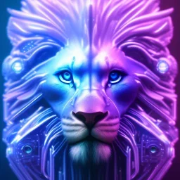 A beautiful portrait of a cyborg lion blue neon color scheme, high key lighting, volumetric light high details psychedelic background