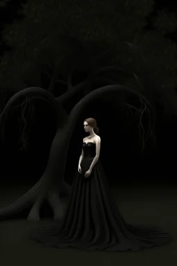 Wednesday in a low-cut black gown standing under a black tree, photorealistic, delicate detail.