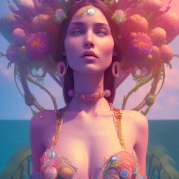 3d smilling woman,bikini, 32K, intricately detailed, plants, flowers, colorful, rtx, unreal engine 5, art nouveau, clouds, smoke, square type face