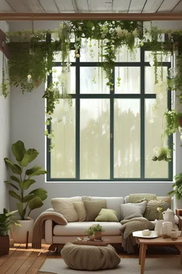 Use an image of a cozy, well-decorated living room. The atmosphere should emanate cleanliness and comfort. Fresh air flowing through a room, light beams or soft wavy lines to show air circulation, green leaves, flowers, or even a backdrop of a clear blue sky to associate the service with freshness and purity.