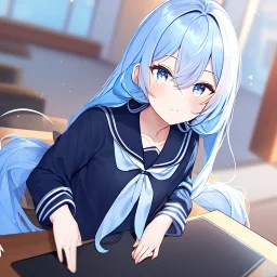 Clear focus, High resolution, long fluffy light blue hair, hair between eyes, long locks, wearing a sailor uniform, wearing a sailor skirt, long black socks, 1girl, cartoon, cute, UNFOTABLE studio