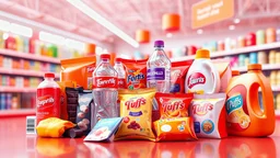A 3D design of supermarket products such as soft drinks, mineral water, chocolate, packaged cakes, chips and puffs, and detergents with an orange, red, and white color theme in a special psychedelic space.