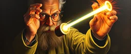 pin hole cam, master oil painting by Rembrandt, realistic rendering of crazy scientist holding a holy neon glowing super power tube gensis vial