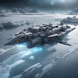 ,large detailed space ship floating on wide ice River on a , beside village, antennas, exhaust ports , stopped, , luminescent , 35 mm focal length