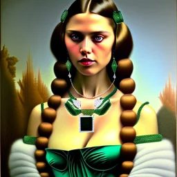 oil Portrait of a Dark Blonde long haired beautiful busty voluptous adult woman with emeralds necklace with big Green sad eyes looking to viewer by GRANT WOOD Ingres 8k