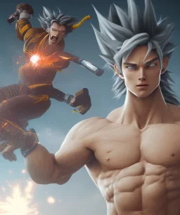 Goku, avatar style, white hair, fighting pose, muscular body, shirtless, volumetric details, hyper realism, unreal engine 5