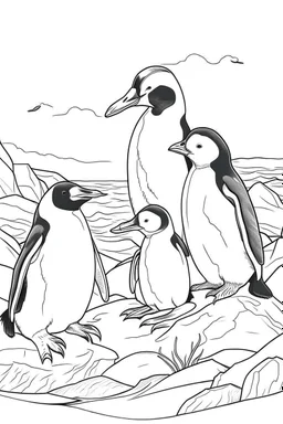 A family of penguins huddled together on a snowy cliff, their sleek bodies perfectly adapted to the harsh Antarctic climate., clean line art, monochrome, for kids coloring book, white background