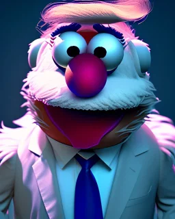 Waist up Portrait, Donald trump muppet, Sesame Street style, retro style, unreal engine 5, god lights, ray tracing, RTX, lumen lighting, ultra detail, volumetric lighting, 3d.