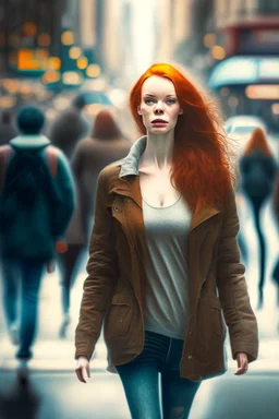 slim redhead woman walking across a busy street