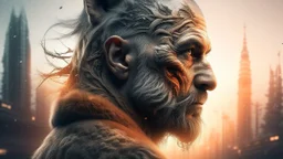 Double exposure, Wolfman, photorealism, man, city, sunset, snow, rain, fantasy, mystical, tattoo, vertical pupils, high detail, high resolution, 8K