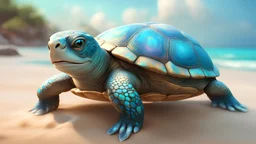 a magical cute turtle sitting on top of a sandy beach, a detailed painting trending on cgsociety, a complex armor of iridescent opal made of liquid metal and marble, so cute, shiny golden, with high detail in 4k, turquoise, realistic