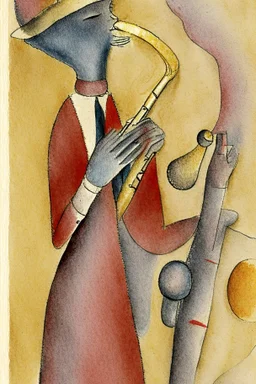 Pencil drawing and watercolour by Paul Klee grey and gold and red of a man playing the saxophone