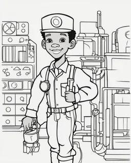 coloring page, depicting a black kid as an Engineer, full body, outline, black and white, highly defined, white background, empty background, cartoon style, coloring book style