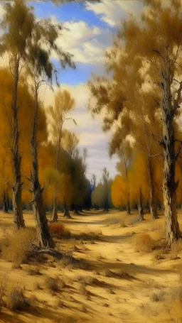 A brown arid forest in a desert painted by Claude Monet