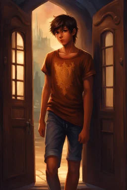 15 year old young boy with lightly tanned skin and brown hair wearing a teeshirt, standing by a door, fantasy