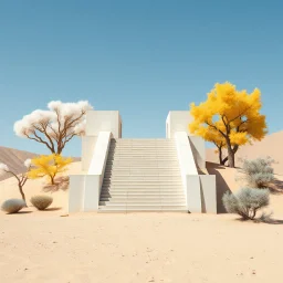 A realistic photograph of a desert landscape with a brutalist-style light concrete structure in the center, with very high steps that are impossible to climb, and trees around it in white, yellow, and blue.