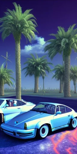 1980's aesthetic vaporwave palm trees and spheres and Porsche with lightning