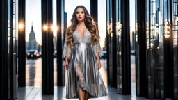 very beautiful model lady with makeup and beautiful modern fashion midi pleated velvet dark silver lace skirt with lace edges and modern loose lace top with a loose over, curvy silver long hair, standing in a modern city open satge with 8 cubic mirrors(each with 4 equal hight and equal width, vertical mirror), each vertical on its own short rotating base. with some small lights on crystal frames, on roof of a skyscraper with city escape at background, with animating dynamic lights with high