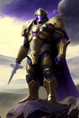 Thanos, the commander of the army of aliens and the king of the entire galaxy, is ready to go on a campaign with his two large swords, his very beautiful and impenetrable armor with his golden helmet, standing on top of a hill with his sword with infinity gauntlet