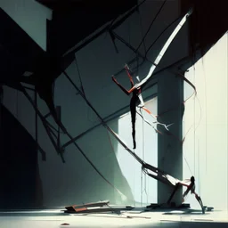 Minimal abstract oil painting of a falling person limbs sinew. Amongst concrete fragments brutalist architecture and hanging wires illuminated at night. In the style of Justin Mortimer and Phil Hale and Ashley Wood