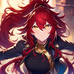 girl, masterpiece, best quality, volumetric lighting, detailed outfit, perfect eyes, red hair, long hair, vibrant golden eyes, ponytail, messy hair, hair in between the eyes, jacket,