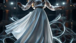 a 3d fractal stage structre made of metallic dark color 3d structures, pertty artistc background,dynamic lights,a beautiful lady in pretty maxi skirt and blouse dancing on stage