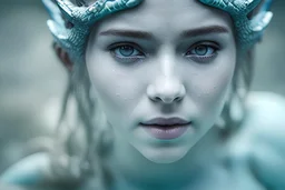 Photoreal underwater shot of gorgeous underwater smiling blue skin triton ranger woman floating under water with blue scaled blue skin smiling under water by lee jeffries, 8k, high detail, smooth render, unreal engine 5, cinema 4d, HDR, dust effect, vivid colors