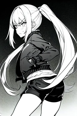 blonde girl with ponytails dressed in a jacket and shorts walks angry, greyscale