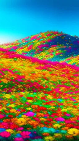 A picture of a hill of field of flowers made of a plastic painting with colors that express joy 8k