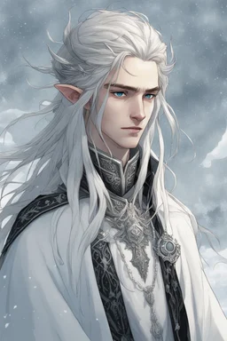 a young high elf frost Wizard with long wiry hair, wearing a black trimmed white nobleman's robe and frost ornaments on clothes