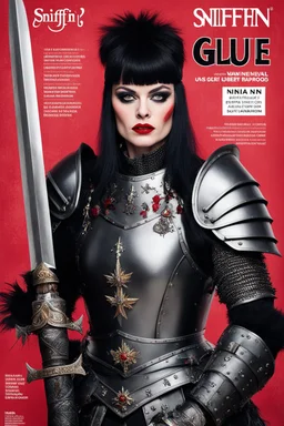 SNIFFIN’ GLUE magazine high res photo cover by Iwan Baan:, special Disobey issue, guest star: Nina Hagen in medieval plate armour with a bloody zweihander sword, NO RULES, just punk