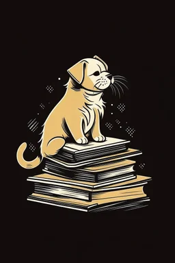 A cool cat perched on top of a stack of books, looking down at a goofy golden retriever puppy with a knowing smile. Style: Minimalist, with simple lines and shapes. Mood: Wise and curious. Lighting: Soft, diffused light. T-shirt design graphic, vector, contour, white background.and energetic. Lighting: Bright and flat colors. T-shirt design graphic, vector, contour, white background.