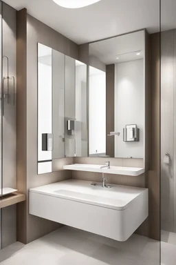 "a sleek and minimalist bathroom design, showcasing a wall-mounted automatic soap dispenser and a stylish contemporary wash basin cabin, inspired by the clean lines of modern architecture, captured with a high-resolution camera, emphasizing the sharp edges and smooth surfaces, minimalist color palette with hints of chrome accents, architectural photography, wide-angle lens to capture the full space, interior design"