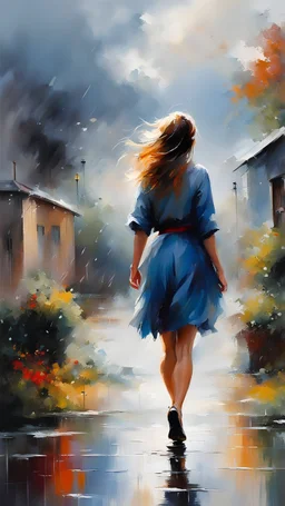 girl from behind walking in far view, surrounded by rain in the yard and strong wind and cloudy sky, sound of rain, calm, poetic, vibrant colors, painted by Willem Haenraets, meticulous detail