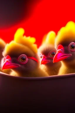 portrait of newly hatched chickens with helmets in a car race, high speed, motion blur, smoke, 4k, downlight, soft light, depth of field, photorealism, trending on art station