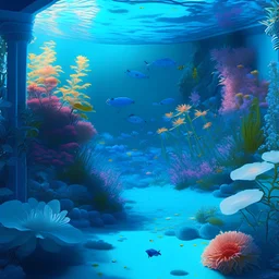 A blue swimming pool in a place full of flowers and scenic landscapes, and a small aquarium for marine organisms,8k,
