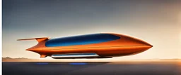 award winning car and driver photograph of a futuristic station wagon dirigible hybrid designed by only one vehicle per image painted metallic orange traveling at a high rate of speed, jet intake off of front center of vehicle and jet exhaust out the rear with bright blue flame, bilaterally symetrical, more a high speed road vehicle