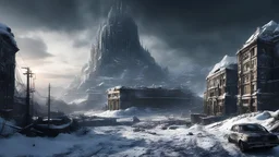 end of the world, epic realistic, (hdr:1.4), (muted colors:1.4), apocalypse, freezing, abandoned, neutral colors, night, screen space refractions, (intricate details), (intricate details, hyperdetailed:1.2), artstation, cinematic shot, vignette, complex background, buildings, snowy