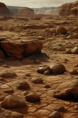 A brown rocky wasteland with stones painted by Leonardo da Vinci