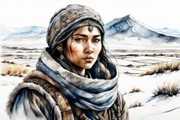 create in ink wash and watercolor portrait of a young, otherworldly lost Siberian nomadic female huntress, fantasy art character, with highly detailed, sharply lined and deeply weathered facial features, outside her yurt in a desolate tundra steppe landscape , in natural winter tundra colors, finely inked, 4k