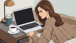 under a bed lying a woman and working on a laptop, she has half-length brown hair and wearing pajamas , pale light, half socks and a mug of coffee next to her, high detalied, sharp focus, high realistic photo, perfect shot