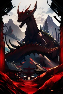 mountains, red and black, temple, dinosaur