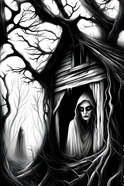 surrealist, fantasy, black and white, hight contrast, exagerated proportions, tim burton character, a woman is a fog forest, a woman in front of old wooden window wood house, house with several floor, a woman lookin through window inside house, woman with cape and hood, close up woman looking